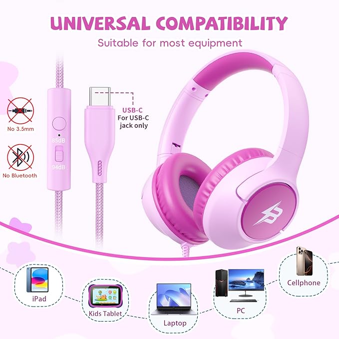 Kids Headphones Wired with USB C Plug, 85/94 dB Volume Limit Foldable USB Type C Headphones for Kids Girls, Plug in Headphones Corded Over Ear Wired Headphones for School/Tablet/Travel, Fuscia Pink