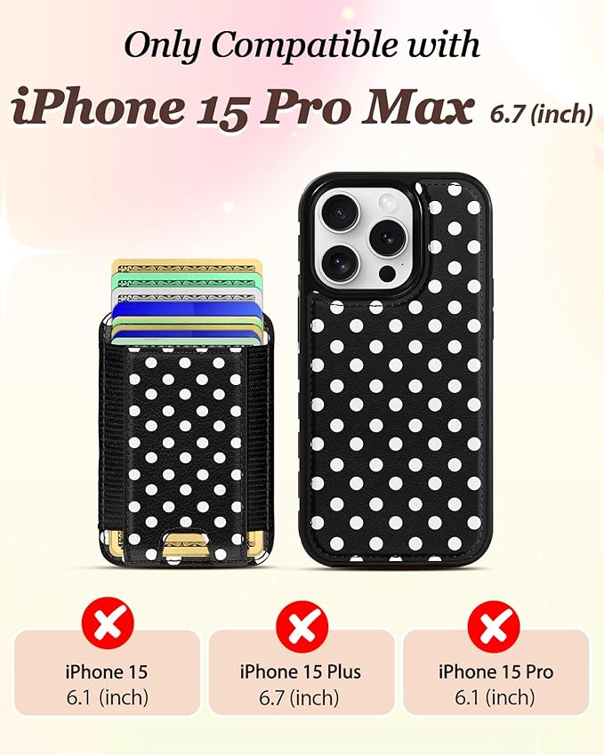 Shorogyt for iPhone 15 Pro Max Case Wallet - Fits 5 Cards, Compatible with Magsafe Detachable Magnetic Credit Card Holder Leather Cardholder Cute Phone Cover Women Girl for Apple 15 ProMax, Polka Dots