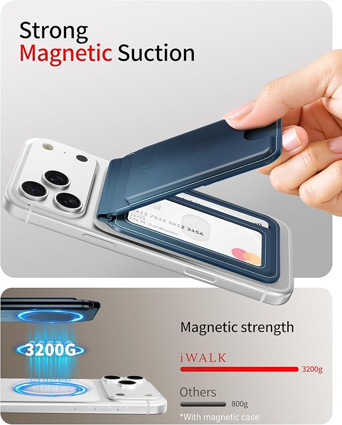 iWALK Stronger Magnetic Wallet, Upgraded for MagSafe Wallet, RFID Blocking, 5 Card Holder with Adjustable Stand, Slim Leather Phone Wallets for iPhone 16/15/14/13/12 Series, iPhone Wallets Navy Blue