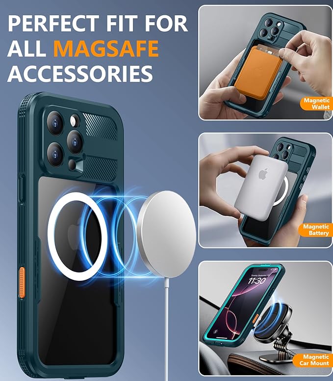 Red2Fire Magnetic for iPhone 16 Pro Max Case Waterproof, [Built-in Screen Protector][Compatible with MagSafe] [Full Body Shockproof] [Dustproof] Heavy Duty Rugged Phone Cover 6.9" Blue