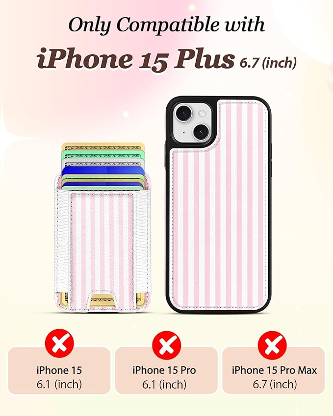 Shorogyt for iPhone 15 Plus Case Wallet - Fits 5 Cards, Compatible with Magsafe Detachable Magnetic Credit Card Holder Leather Cardholder Cute Phone Cover Women Girls for Apple 15Plus, Striped