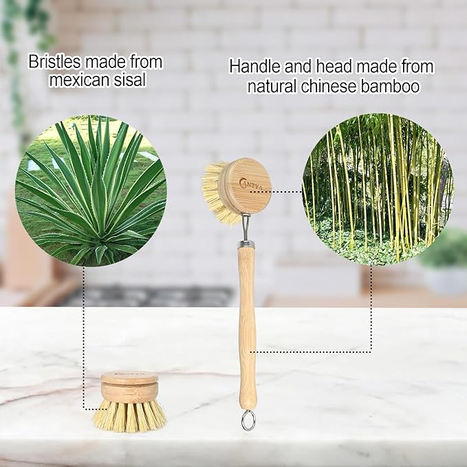 Bamboo Dish Brush with Handle 4 Replacement Heads, Eco-Friendly Potato Scrubber, Compostable & Sustainable, Bamboo Dish Scrubber Brush for Cleaning Kitchen Utensils(Soft Bristles)
