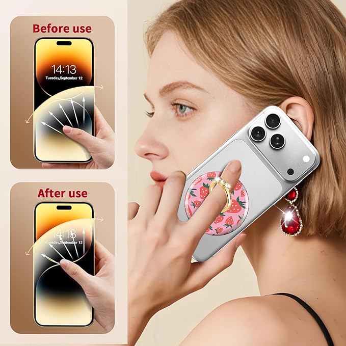 Magnetic Phone Ring Holder Compatible with MagSafe, Cute Phone Grip Stand with 360° Rotation Gold Glitter Finger Ring Kickstand Accessories for Most Phones Pink Red Strawberry