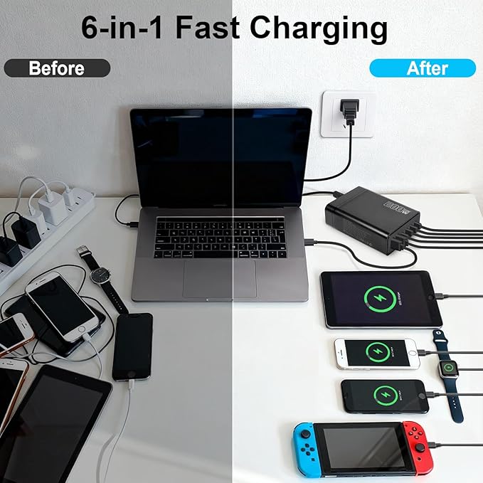 200W USB C Charger, GaN Ⅲ PD 100W 6-Port Charging Station for Multiple Devices, Portable Laptop Fast Charging, Adapter for iPad iPhone 17 16 15 14 13 12, MacBook Pro Galaxy, 5ft Cord