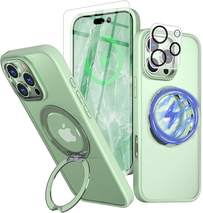 for iPhone 16 Pro Case with Screen Protector & Lens Protector [15 FT Military Drop Protection] Magnetic Kickstand Compatible with MagSafe Slim Translucent Case (Butter Green)