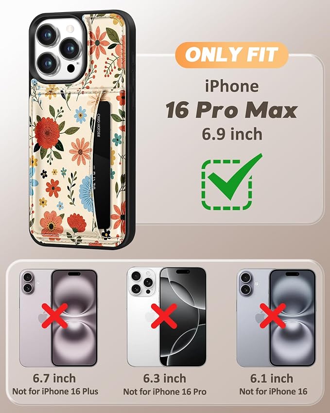 for iPhone 16 Pro Max Case with Wallet - Fits 4 Card Slots, Compatible with MagSafe for Women Aesthetic PU Leather Credit Card Holder Kickstand Phone Cover for Apple 16 Promax, Beige Flower
