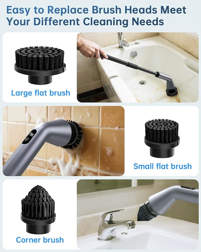 VICNOVA Electric Spin Scrubber, IPX7 Waterproof 2-Speed, Extendable Long Handle Cordless Cleaning Brush with 7 Replacement Brush Heads for Bathroom Car Shower Bathtub Glass Tub Tile Floor