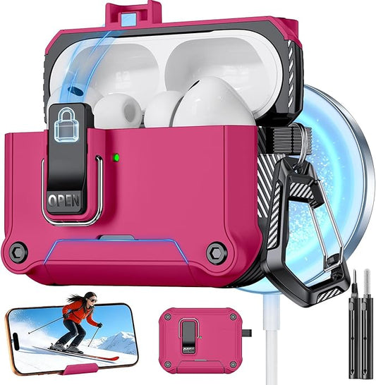 for AirPods Pro 3 Case with Lock,Automatic Snap Switch Design with Phone Stand，Accessories with Cleaning Pen/Keychain/Tool,Compatible with Magsafe(Rose red, AirPods Pro 3rd (2025))