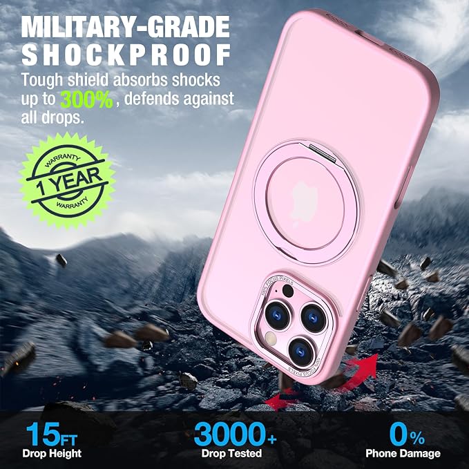 for iPhone 16 Pro Case with Screen Protector & Lens Protector [15 FT Military Drop Protection] Magnetic Kickstand Compatible with MagSafe Slim Translucent Case (Sakura Pink)