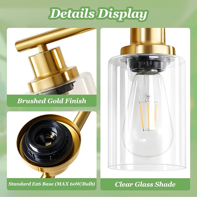 5-Light Bathroom Vanity Lights, E26 Modern Brushed Gold Bathroom Light Fixtures with Clear Glass Shade, Mirror Kitchen Hallway Cabinet Living Room Sconces Wall Lights