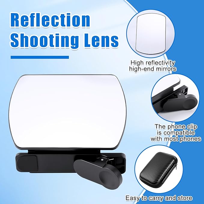 Smartphone Camera Mirror Reflection Clip Kit, Mirror Reflection Clip, Smartphone Selfie Reflector - Adjustable HD Glass Reflection Mirror, Travel Size for Creative Photography (Black)