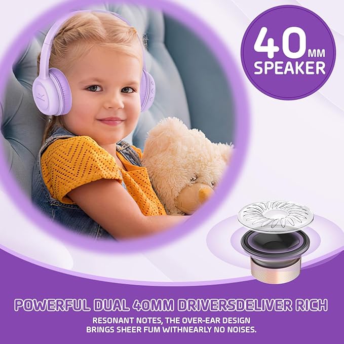 Kids Bluetooth Headphones,Kids Headphones Wireless with 85dB Volume Limiter, 30H Playtime, Adjustable Headband,Over-Ear Headphone for Kid School Online Class Travel(Purple)