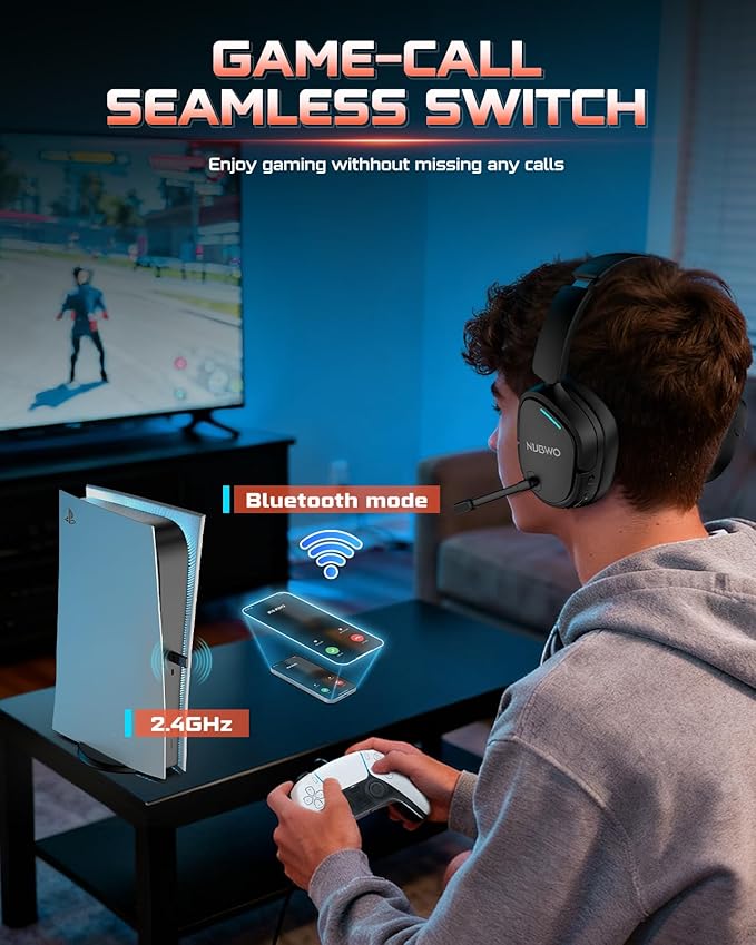 NUBWO Wireless Gaming Headset for PS5, PC, PS4 - Dual 2.4G & Bluetooth Simultaneous Gaming Headphones, EQ Sound Modes, Noise-Canceling Mic, 80-Hour Battery, Comfortable Foldable & Travel Design