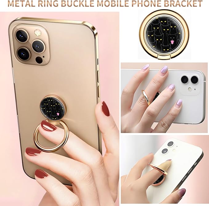 Cell Phone Ring Holder, Cute Metal Phone Grip Stand Finger Ring Kickstand, Flexible 360°Rotation Phone Tablet Case Accessories Compatible with Most Phones Luxury Black Cats