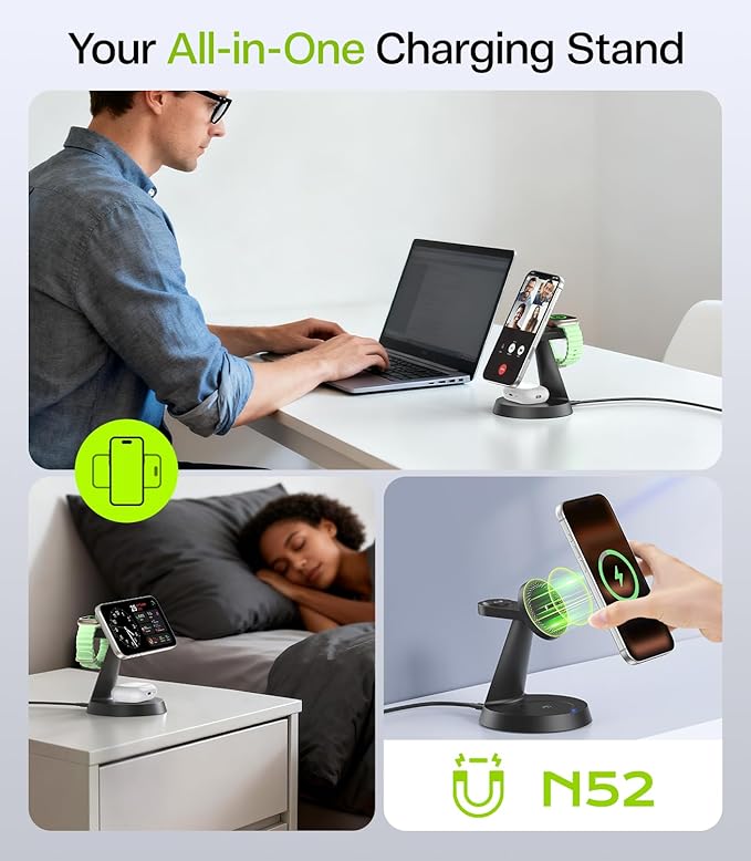 3 in 1 Charging Station for Apple Devices, 15W Fast Qi2 Wireless Charger Stand for iPhone 17 16 15 14 13 12, Watch Charger Stand for Apple Watches & Airpods, Carbon Black