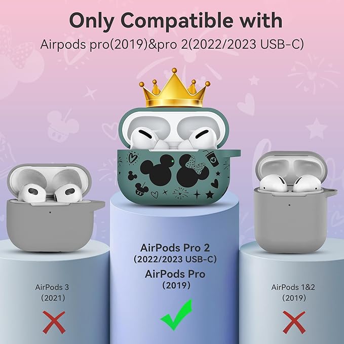 Compatible with Airpods Pro 2nd/1st Generation Case Cover with Keychain, Women Men Soft Silicone Two-Tone Cute Cartoon Engraved Convenience Protective Case, Front LED Visible Green/Black