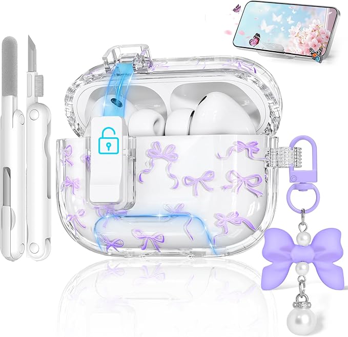 for AirPods Pro 3 Case with Secure Lock & Phone Stand, Bow-Print Clear Case for Apple AirPods Pro 3rd Generation 2025 Cover with Cleaner Keychain for Women Girly (Purple, Airpods Pro 3 (2025))