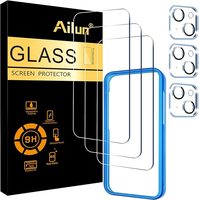 Ailun 3 Pack Screen Protector for iPhone 15 Plus [6.7 inch] + 3 Pack Camera Lens Protector with Installation Frame,Case Friendly Tempered Glass Film,[9H Hardness] - HD