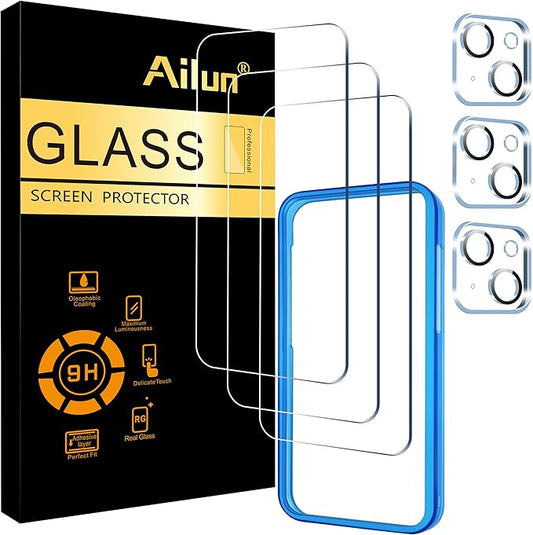 Ailun 3 Pack Screen Protector for iPhone 15 Plus [6.7 inch] + 3 Pack Camera Lens Protector with Installation Frame,Case Friendly Tempered Glass Film,[9H Hardness] - HD