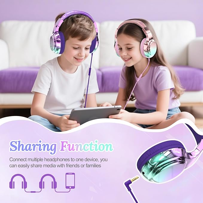 QearFun USB C Kids Headphones Wired with Mic, 85/94dB Safe Volume Limit, Foldable Over Ear, Tangle-Free Cord & Sharing Port, Wired On-Ear Headset for School, Chromebook, Tablet, Travel-Boys & Girls