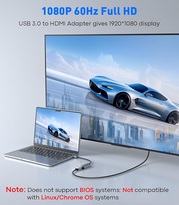 USB to HDMI Adapter 1080p@60Hz (Aluminum & Braided Nylon Cable) USB-A 3.0 Male to HDMI Female Converter for Windows 7/8/10/11 and MacOS for Multiple Monitor- Driver Required Only One