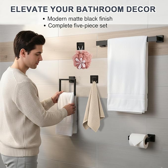 Matte Black Bathroom Hardware Accessories Set, 5 Pcs 304 Stainless Steel Bathroom Towel Holder Bar Set, Towel Rack and Toilet Paper Holder for Bathroom Wall Mounted