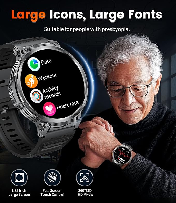 LIGE Smart Watch with Make/Answer Call,1.85" HD Screen Smart Watches with 730mAh Battery/Flashlight//120 Sports Mode Fitness Tracker/Sleep Monitoring/Heart Rate Monitoring, iOS Android Military Watch