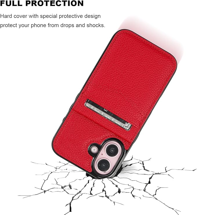 KIHUWEY Compatible with iPhone 16 Case Wallet with Credit Card Holder, Flip Premium Leather Magnetic Clasp Kickstand Heavy Duty Protective Cover for iPhone 16 6.1 Inch (Lichee Red)