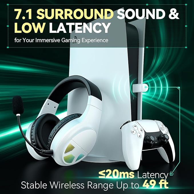 2.4GHz Wireless Gaming Headset for PC, PS5, PS4, Switch, USB Gaming Headphones with Noise Canceling Microphone, Bluetooth 5.4, RGB Lights, 60H Battery Headsets for Mac, Laptop, Mobile