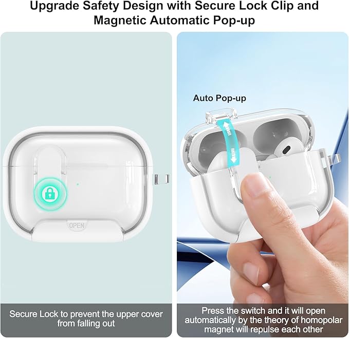 for Airpods Pro 3 Case Clear,Secure Lock for Airpods pro 3rd Generation Case Cover with Phone Stand and Magsafe Function,Auto Pop-up,Hybrid Protection Design with Carabiner&Cleaning Pen-White
