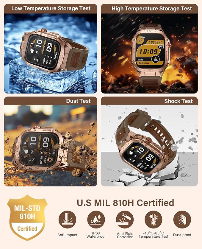SOUYIE Military Grade Smart Watches for Men LED flashlight, Blood Pressure/Heart Rate/SpO2/Sleep, 500mAh Large capacity battery, Waterproof Rugged Fitness Tracker Compatible with Android and iOS Phone