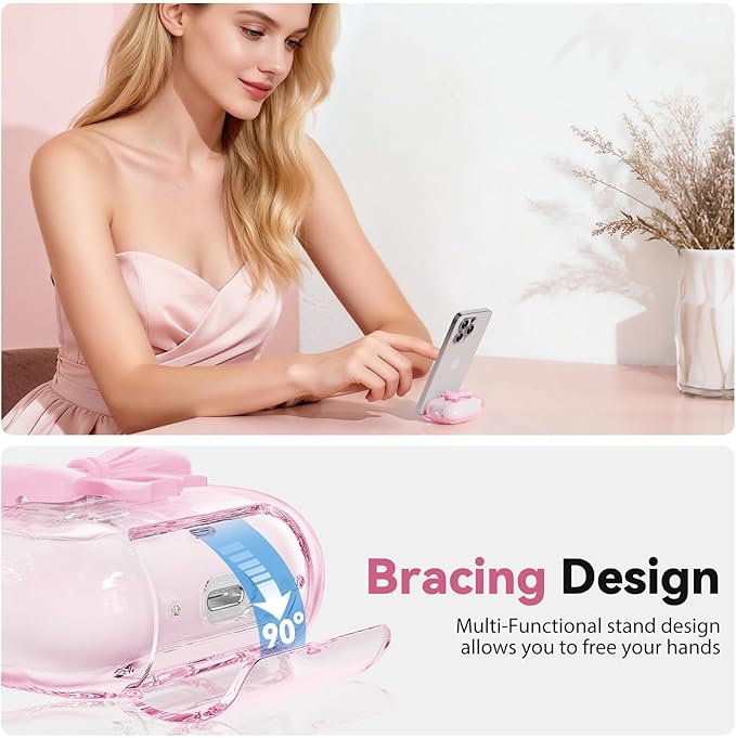 for Airpods 4 Case Pink 2024 with Safety Lock & Phone Stand, 3D Bow Clear iPod 4 Cases with Cute Keychain & Cleaning Kit, Soft TPU Cover for AirPods 4th Generation Case Girls Women