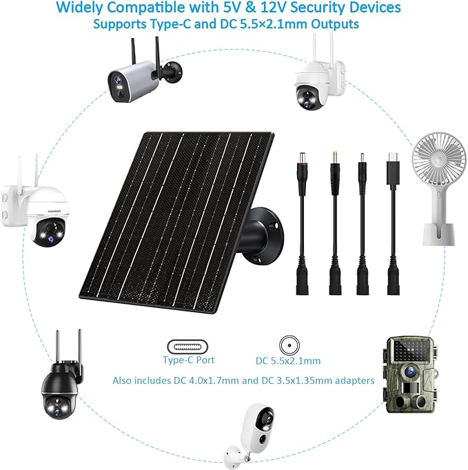 10W Solar Panel with 10400mAh Battery for Security & Trail Cameras, 5V/12V Adjustable Output, USB-C & DC Plugs, IP66 Waterproof, 360° Mount, 9.8ft Cable
