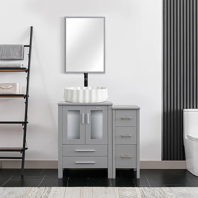 eclife 36" Modern Bathroom Vanity Sink Combo Freestanding Cabinet with Small Side Cabinet, White Shell Ceramic Vessel Sink, Water Save Faucet, Drain (Gray+T54)