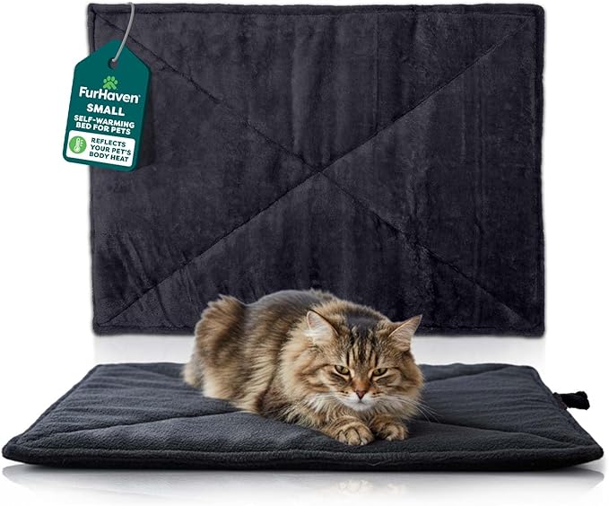 FurHaven ThermaNAP Self Warming Cat Mat/Dog Bed for Crates with Self-Warming Technology for Cozy Rest, Fully Machine Washable, Small, Plush Faux Fur, Black
