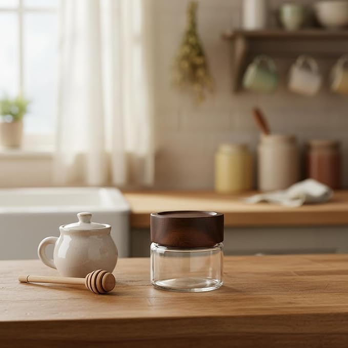 Wide Mouth Glass Storage Jars With 2.5" Acacia Wood Lids - 4 Pack of 4 Oz Food Storage Containers - Borosilicate Glass Canisters Sets For Kitchen - Pantry Organizers and Storage for Rice Coffee Beans