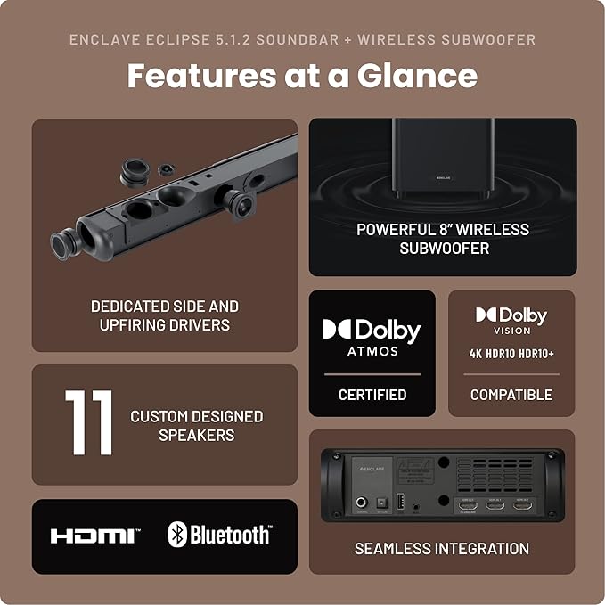 Enclave Eclipse 5.1.2 Dolby Atmos Soundbar with 8” Wireless Subwoofer - Includes 11 Custom Drivers & 8-Inch Subwoofer for Multidimensional Spatial Sound