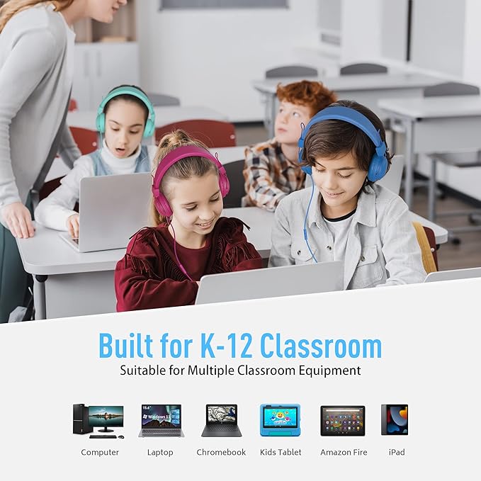 AILIHEN Classroom Headphones Kids 10-Pack for School Student K-12, On-Ear Premium Bulk Wired Headset with Mic, 85dB Volume Limited & SharePort, 3.5mm Jack for Chromebook, Computer, Laptop (Multicolor)