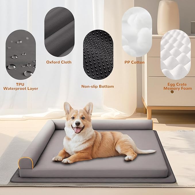 Dog Beds for Small Dogs Waterproof Orthopedic Puppy Bed Memory Foam Pet Bed with Anti-Slip Mat, Washable Dog Couch Indestructible (Grey)