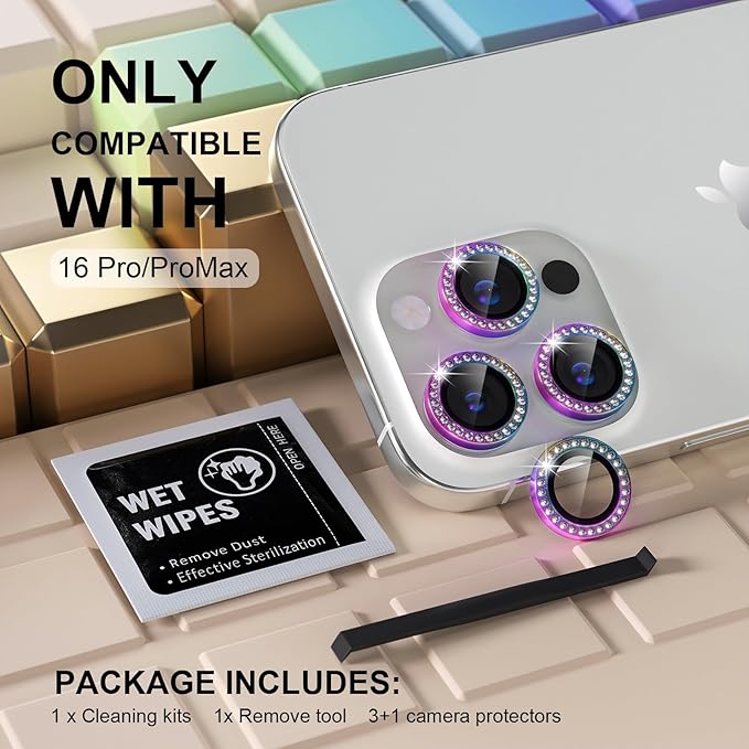 Misea Compatible for iPhone 16 Pro/iPhone 16 Pro Max Camera Lens Protector Bling, 9H Tempered Glass Camera Cover Screen Protector Metal Individual Ring Protector Accessories, Colorful Diamond