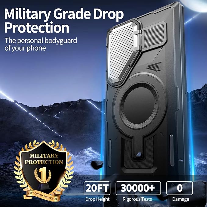 Camera Stand Case for Galaxy S25 Ultra, [Compatible with MagSafe][Lens Cover] 2024 Version Military Grade Protective Soft Case for Samsung Galaxy S25 Ultra 6.86" Men Women, Black