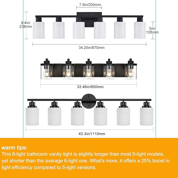 Black 6 Light Bathroom Vanity Light, Matte Black Vanity Lighting for Mirror, Rustic Bathroom Light Fixtures with Milky White Frosted Glass, Vanity Lights E26 Base Compatible