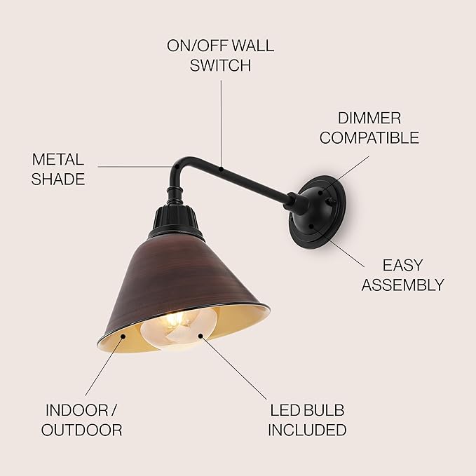 JONATHAN Y JYL7612G Croydon 9.63" 1-Light Farmhouse Industrial Indoor/Outdoor Iron LED Gooseneck Arm Outdoor Sconce Metal Bell Shade Vintage Cottage Rustic Porch Patio Yard Barn, Wood Finish/Copper