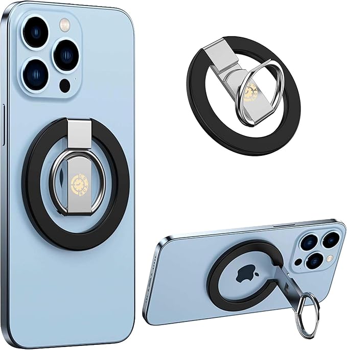 Black Professional Phone Ring Holder Adjustable Magnetic Kickstand iPhone 11 12 13 14 15 16 17 Pro Max Samsung Galaxy Business Anti-Drop Grip 360° Rotation Wireless Charging Compatible Durable Design
