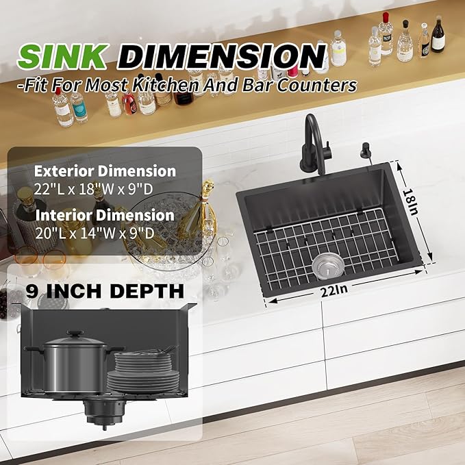 Black Kitchen Bar Sink Combo - 22x18 Inch Stainless Steel Undermount Single Bowl Modern Sink with SS Grid, Silicon Mat, Drain Strainer Set