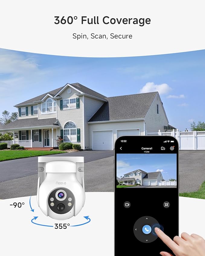 Noorio Solar Security Camera Wireless Outdoor System, 2K/4MP Battery Powered WiFi Camera for Home Security w/5W Solar Panel, 360° PTZ, Auto Tracking, Night Vision, 2-Way Talk, Cloud & SD Card Storage