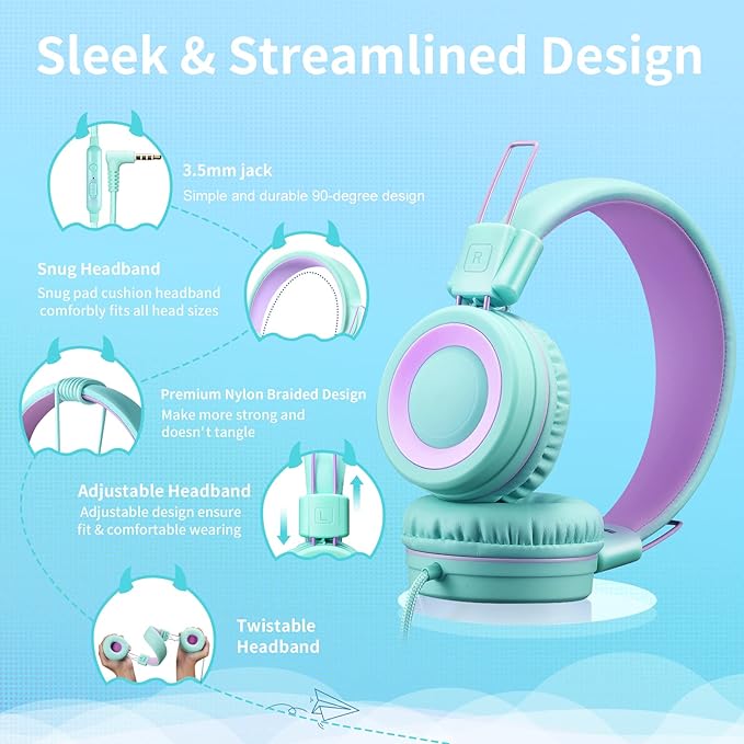 P10 Kids Headphones with Microphone Stereo Headphones for Children Boys Girls,Adjustable 85dB/94dB Volume Control Foldable On-Ear Headphone with Microphone for School/PC/Cellphone(Green)