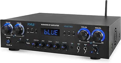 Pyle Home Stereo Receiver with Bluetooth - 4 Channel Amplifier, 800 Watt Max, USB-A Input w MP3 Player, Easy Karaoke Setup with Mic Vol, Reverb and Delay, RCA in/Out, SD Card, FM Radio - PDA77BU