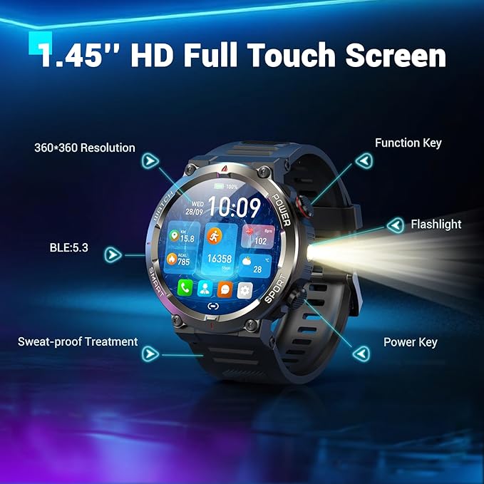 Military Smart Watch for Men(Answer/Make Calls),Outdoor Smartwatch with 100 Days Battery/Flashlight/Compass/Heart Rate/SpO2/Sleep Monitor/2 Straps, Rugged Fitness Watch for iPhone/Android Phones