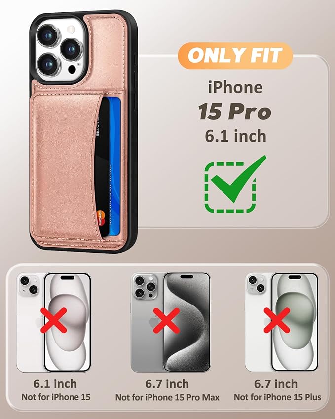 for iPhone 15 Pro Case with Wallet - Fits 4 Card Slots, Compatible with MagSafe for Women Aesthetic Durable PU Leather Credit Card Holder Kickstand Phone Cover for Apple 15 Pro, Rose Gold